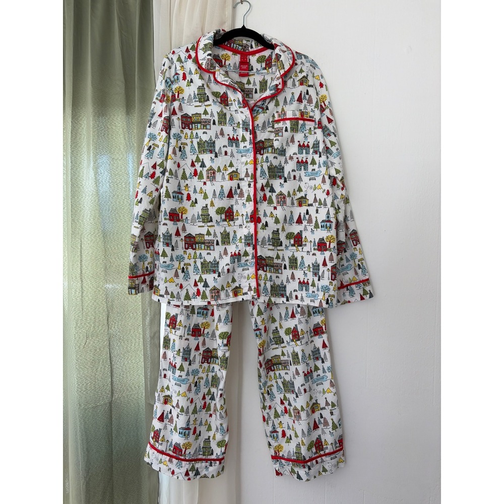 Target Pajama Set Womens L White Winter Village Flannel 2pc PJs Loungewear